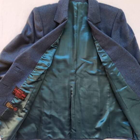 James Chen Wool Tailored Blazer Suit Jacket Blue Classic Luxury Retro Work - Picture 3 of 9